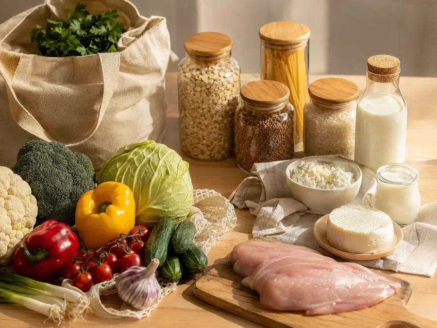 Продукты из магазина, разложенные на столе группами